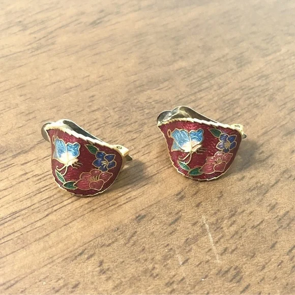 Vintage Red Flower Butterfly Cloisonne Domed  Earrings Gold Plated Clip On - Picture 3 of 7
